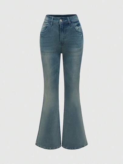 Grunge Punk Jeans acampanados básicos y elegantes con lavado vintage y elástico para dama de oficina y uso casual, escuela