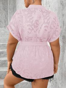 SHEIN Unity Plus Size Solid Color Button Front Belted Short Sleeve Shirt With Sheer Detail - Pink - View 2
