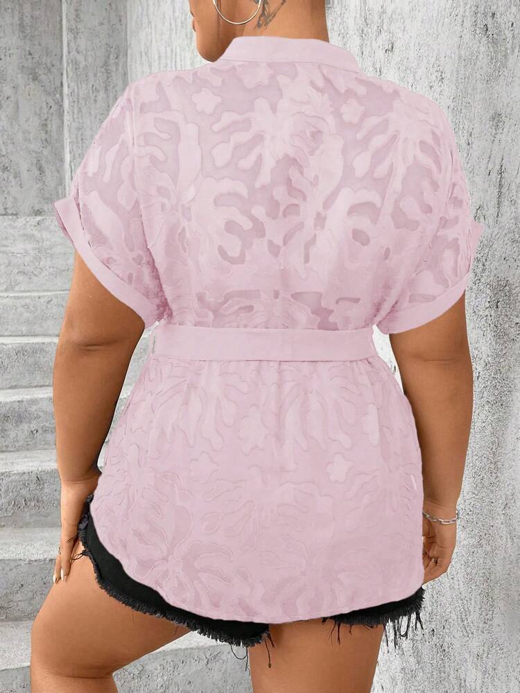 Plus Size Solid Color Button Front Belted Short Sleeve Shirt With Sheer Detail