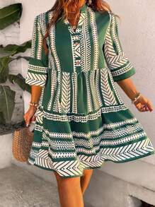 Breezaya Plus Size Notched V-Neck Single-Breasted Printed Ruffle Hem Vacation Dress - Green - View 1