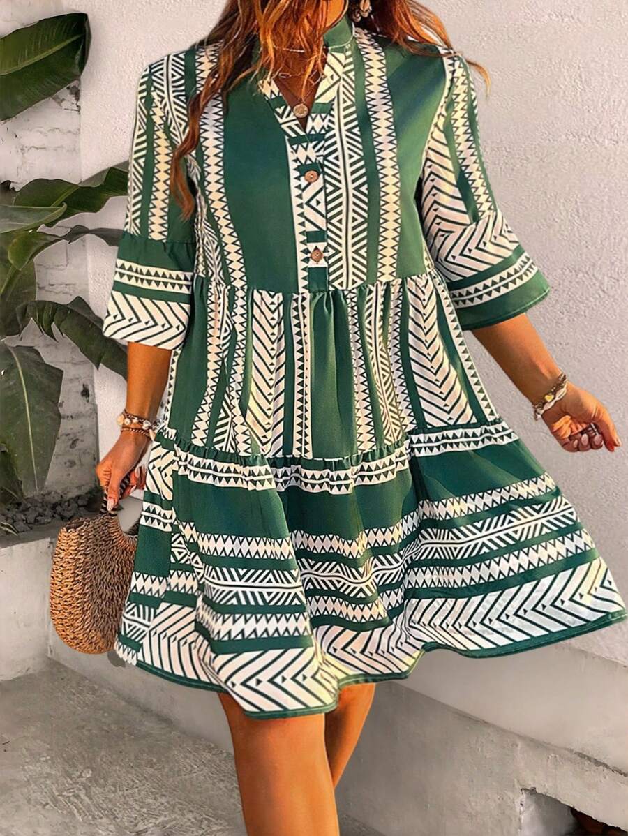 Breezaya Plus Size Notched V-Neck Single-Breasted Printed Ruffle Hem Vacation Dress - Green - View 1