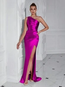 ADYCE Pleated One-Shoulder Slit High Thigh Ruched Waist Satin Formal Evening Gown - Hot Pink - View 9