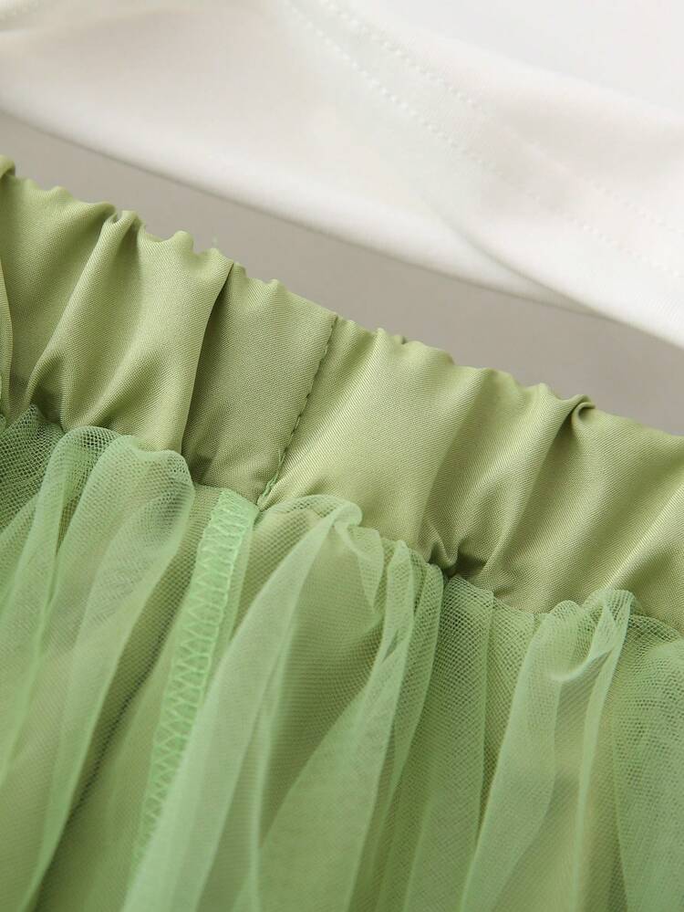 Young Girl 3D Flower T-Shirt + Mesh Ladylike Skirt Set, Summer