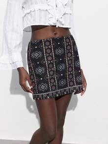 Maija Floral Print Pattern Asymmetric Tie Waist Skirt For Women, Navy, Casual, Comfortable, Versatile, Suitable For Travel, Beach - Black - View 3