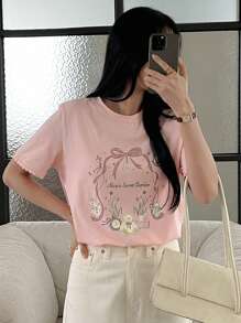 DAZY 宽松短袖女式 T 恤，印花图案，蕾丝边圆领，夏季可爱上衣，图案 T 恤 - 粉色 - 查看 6