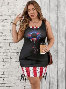 SHEIN LUNE 4th Of July Plus Size Women's Fashionable Striped Design Bodycon Drawstring Dress - Multicolor - View 5