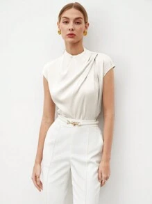 SHEIN BIZwear Camisa elegante de verano para mujer con cuello de soporte, mangas cortas plisadas y un unicolor
