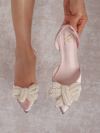 Fall/Winter 2025 Women's White Faux Pearl Bow Decoration High Heels Pointed Toe Stiletto Sandals, Elegant & Sexy Light Pink Valentines,Elegant,Women Pumps,Elegant,Party Outfits