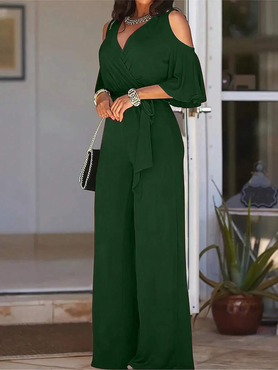 INAWLY Women's Solid Color Simple Daily Off Shoulder Jumpsuit - Green - View 1