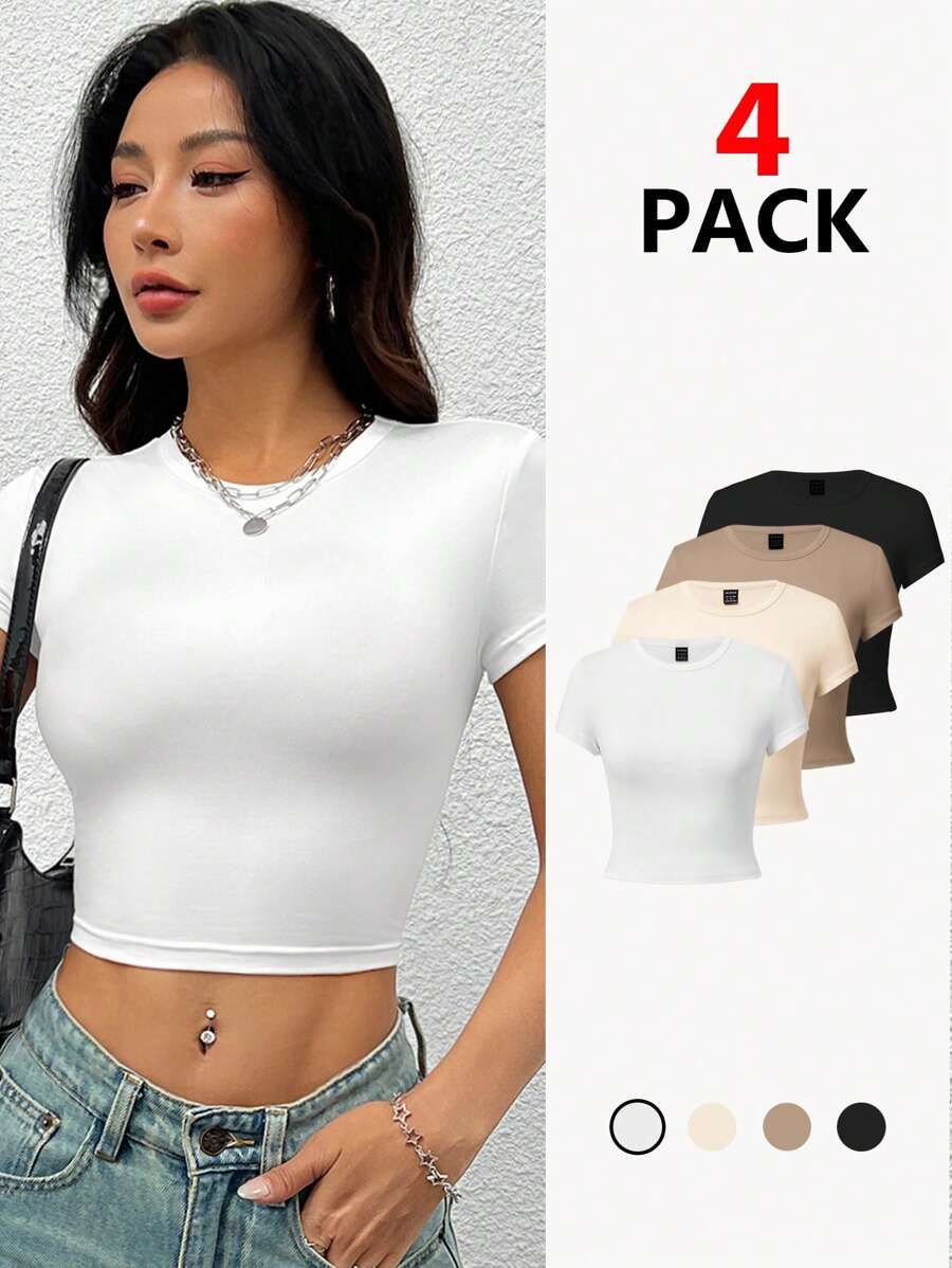 SHEIN PETITE Casual Round Neck Tight Short Sleeve T-Shirt For Women, Suitable For Summer - Apricot - View 1