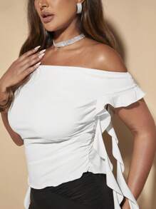 SHEIN BAE Plus Size Women's White Versatile Everyday Sweet Ruffled Knitted Stretch Short-Sleeved One-Shoulder T-Shirt - White - View 4