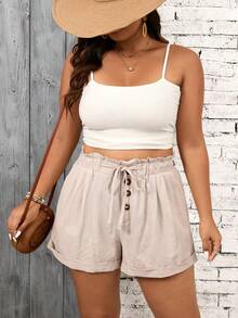 SHEIN Frenchy Shorts casuales de tallas grandes para vacaciones con cintura alta y banda elástica con ribete de volantes - Albaricoque - Ver 6