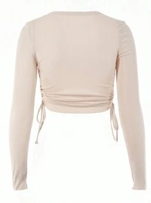 INAWLY Women's Spring/Summer Solid Color Single-Breasted Long Sleeve Side Drawstring Cropped Slim Fit T-Shirt