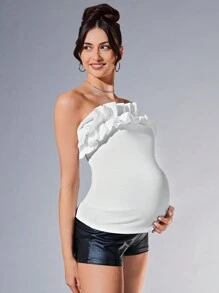 MaterniChic Maternity Comfortable Afternoon Leisure Young And Mature Short Knitted Tight-Fitting Maternity Top - White - View 5