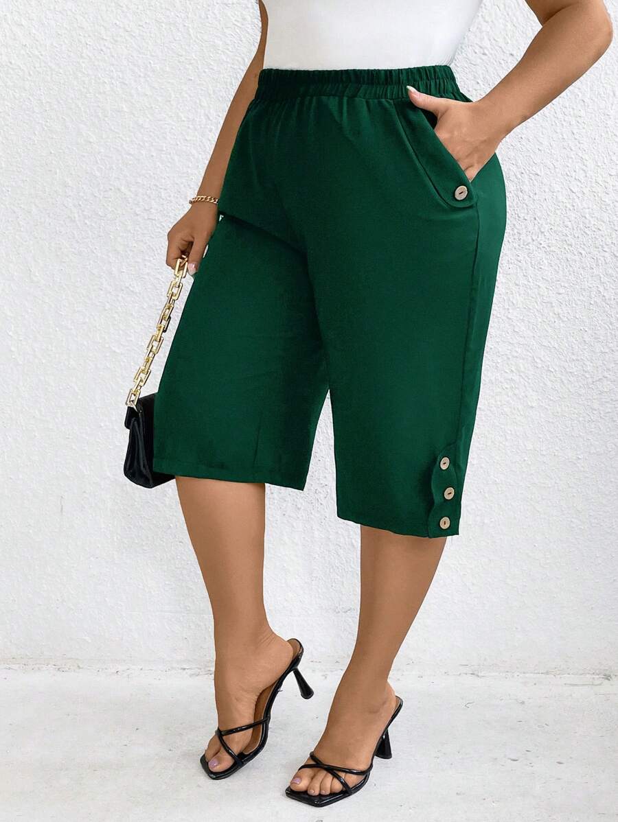 Linhara CURVE 大码女式纯色松紧腰宽松七分裤，带纽扣装饰和口袋，休闲 - 綠色 - 查看 1