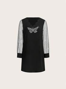 SHEIN LUNE Butterfly And Rhinestone Design Mesh Sleeve With Scallop V Neck Dress Fall Cloth For Women - Black - View 1