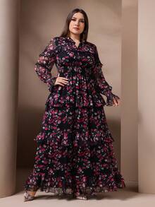 Voworia Plus Size Summer Elegant Floral Print Ruffle Hem Dress - Black - View 7