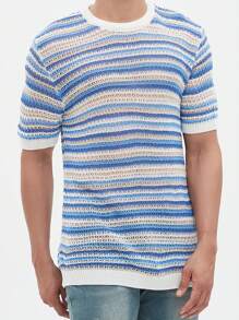Manfinity Homme Men's Color Block Striped Short Sleeve Knit Casual Top For Summer - Multicolor - View 3
