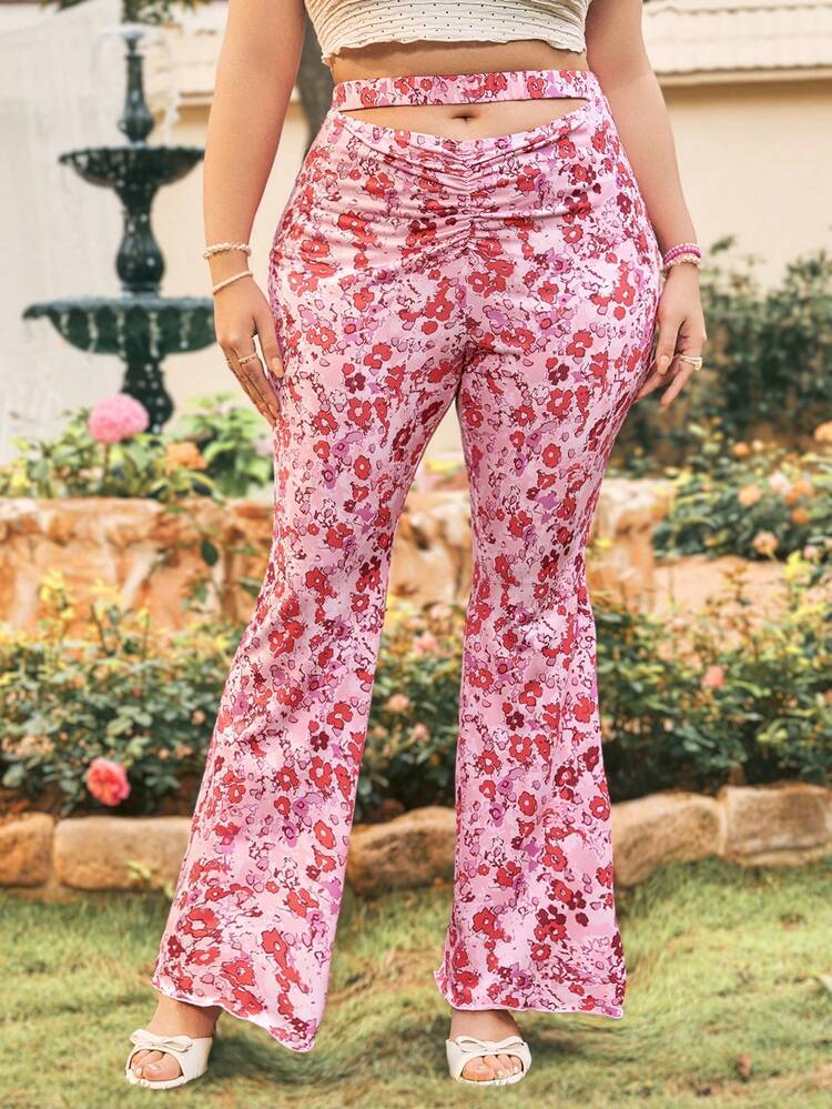 Plus Size Women's Elastic Waistband, Ruffle Detail, Knit Stretch, Ditsy Floral Print, Vacation Style, Romantic Straight Pants