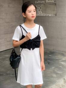 Vestido informal tipo camiseta de manga corta con bloqueo de color y nudo delantero, 2 en 1 para niña preadolescente
