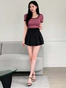 DAZY 女士夏季圆领撞色蕾丝短袖修身 T 恤外出上衣 - 中紫紅色 - 查看 2