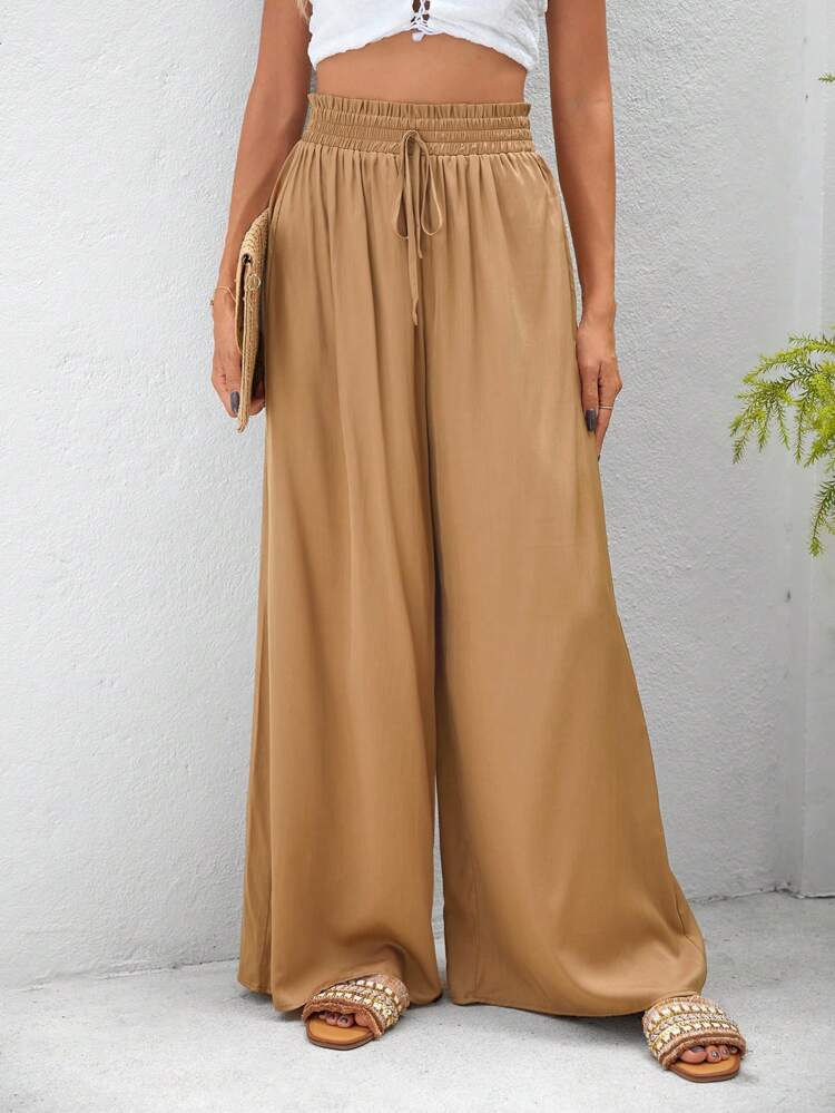 Summer Solid Color Woven High Waist Wide-Leg Loose Women's Trousers, Vacation Style Casual Oversized Pants