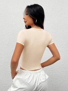 SHEIN PETITE Casual Round Neck Tight Short Sleeve T-Shirt For Women, Suitable For Summer - Apricot - View 3
