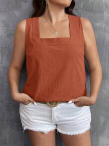 SHEIN LUNE Plus Size Solid Color Square Neck Vacation Leisure Tank Top - Rust Brown - View 1