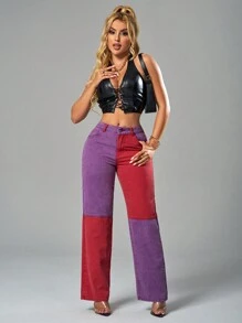 SHEIN SXY Women's Loose Fit Casual Jeans With Contrast Color Pockets, Straight Leg - Multicolor - View 1