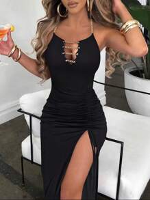 INAWLY Đầm cổ dây rút giảm béo mùa hè dành cho nữ có đường xẻ bên hông - màu đen - Xem 3