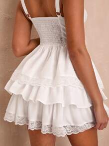SHEIN BAE Summer White Sexy Sweetheart Neck Multiple Layers Lace Trimmed Women Skater Dress With Ruffle Hem