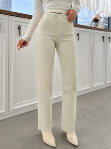 EURMUSE High Waist Straight Leg Jeans - Beige - View 4