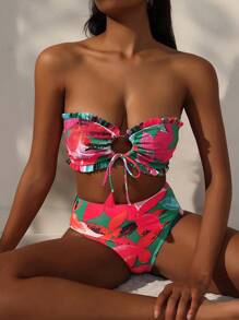 SHEIN Swim Bãi biển mùa hè dành cho nữ nhiệt đới Bộ bikini in họa tiết Ruffle Bandeau với phần dưới gợi cảm - Nhiều màu - Xem 5
