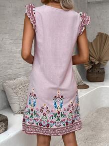EMERY ROSE Fashionable Women's Printed Chiffon Flutter Sleeve Dress - Burgundy - View 2