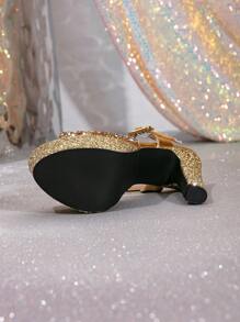 女士銀色閃爍平台粗跟高跟涼鞋