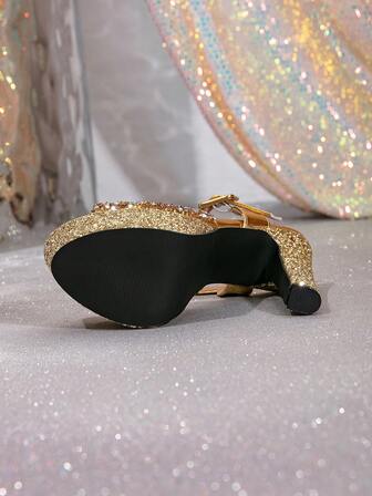 女士銀色閃爍平台粗跟高跟涼鞋