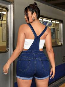SHEIN CURVE+ Plus Size Women Cowgirl Style Denim Suspender Pants, Elastic Tight Fit, Casual Vacation Outfit For Autumn  Autumn Outfits For Women Festival Outfits