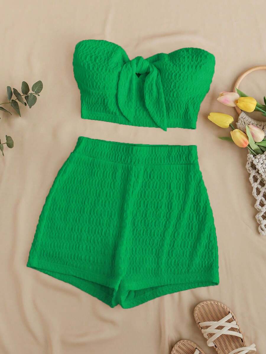 Soleia Summer Solid Color Textured Bandeau Top And High-Waisted Shorts Set