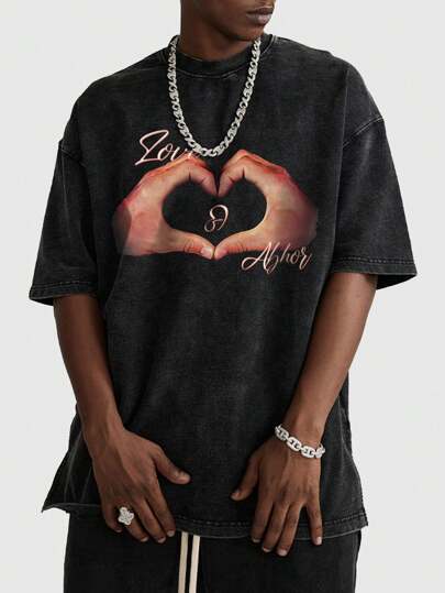 Street Life Camiseta de manga corta impresa con corazones con arroz frito con huevo y tomate para hombre, adecuada para uso diario en primavera y verano