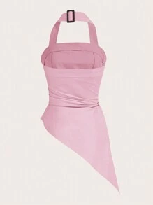 Chiquease Atasan Halter Wanita Modis Musim Panas Warna Polos dengan Hem Asimetris - Berwarna merah muda - View 2