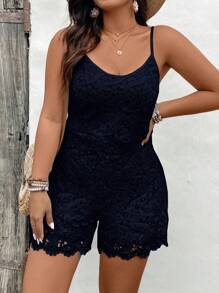Breezaya Mono de talla grande de unicolor con tirantes de encaje para vacaciones y ocio - Azul Marino - Ver 5