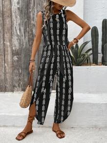 Breezaya Women's Round Neck Sleeveless Printed Vest And Vacation Style Printed Pants Set (Random Cut Print) - Black - View 5