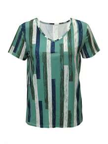 SHEIN LUNE Women Full-Print V-Neck Short-Sleeved T-Shirt For Summer - Green - View 1