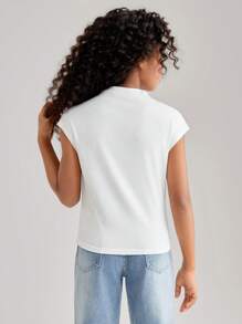Tween Girl Casual Spring/Summer Knitted Solid Color Half High Neck Short Sleeve Top - White - View 2