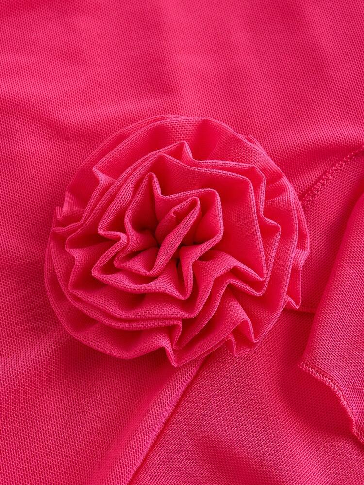 Women's Summer Solid Color Asymmetric Hem Pleated Dress With 3D Floral Decoration