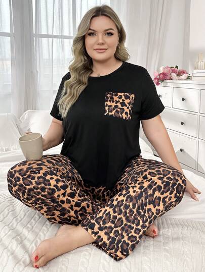 Plus Size Women's Leopard Print Short Sleeve Top And Long Pants Casual Pajamas Set, Outfits