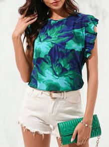 SHEIN Clasi Women's Summer Casual Ink Floral Printed Cap Sleeve Blouse