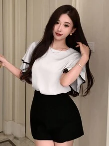 DAZY 双层荷叶边袖撞色边圆领短袖女衬衫，新年除夕，短袖上衣夏季 - 白色 - 查看 6