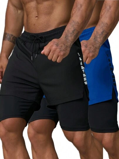 Manfinity Sport Corelite 2条装 男友风男士抽绳运动短裤，带口袋，夏季慢跑短裤，运动短裤，透气运动服，黑色运动短裤