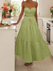 Breezaya Women's Summer Solid Color Multi-Layer Ruffle Hem Backless Tie Strap Maxi Slip Dress - Green - View 2